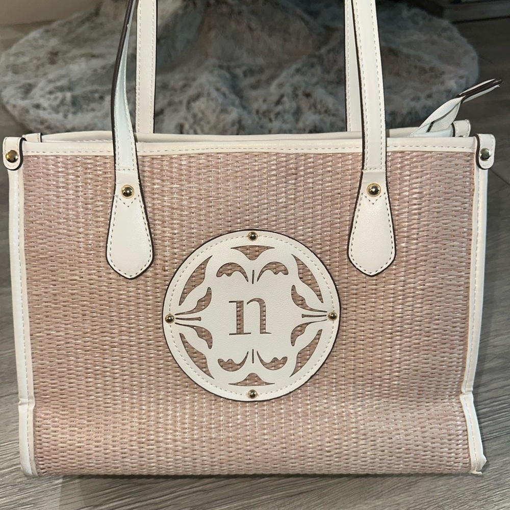NANETTE LEPORE Mariel Tan Straw Vegan White Leather Tote Bag Purse